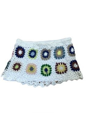 White Crochet Mini Skirt with Multicolor Floral Squares